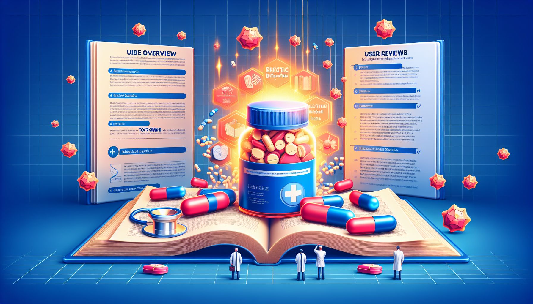 Close-up view of popular erection pills, table comparison, and medical consultation image